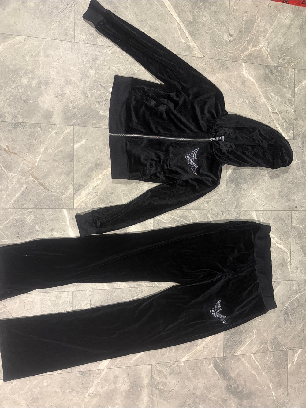 True Religion Black Velvet Zip Hoodie & Joggers Set